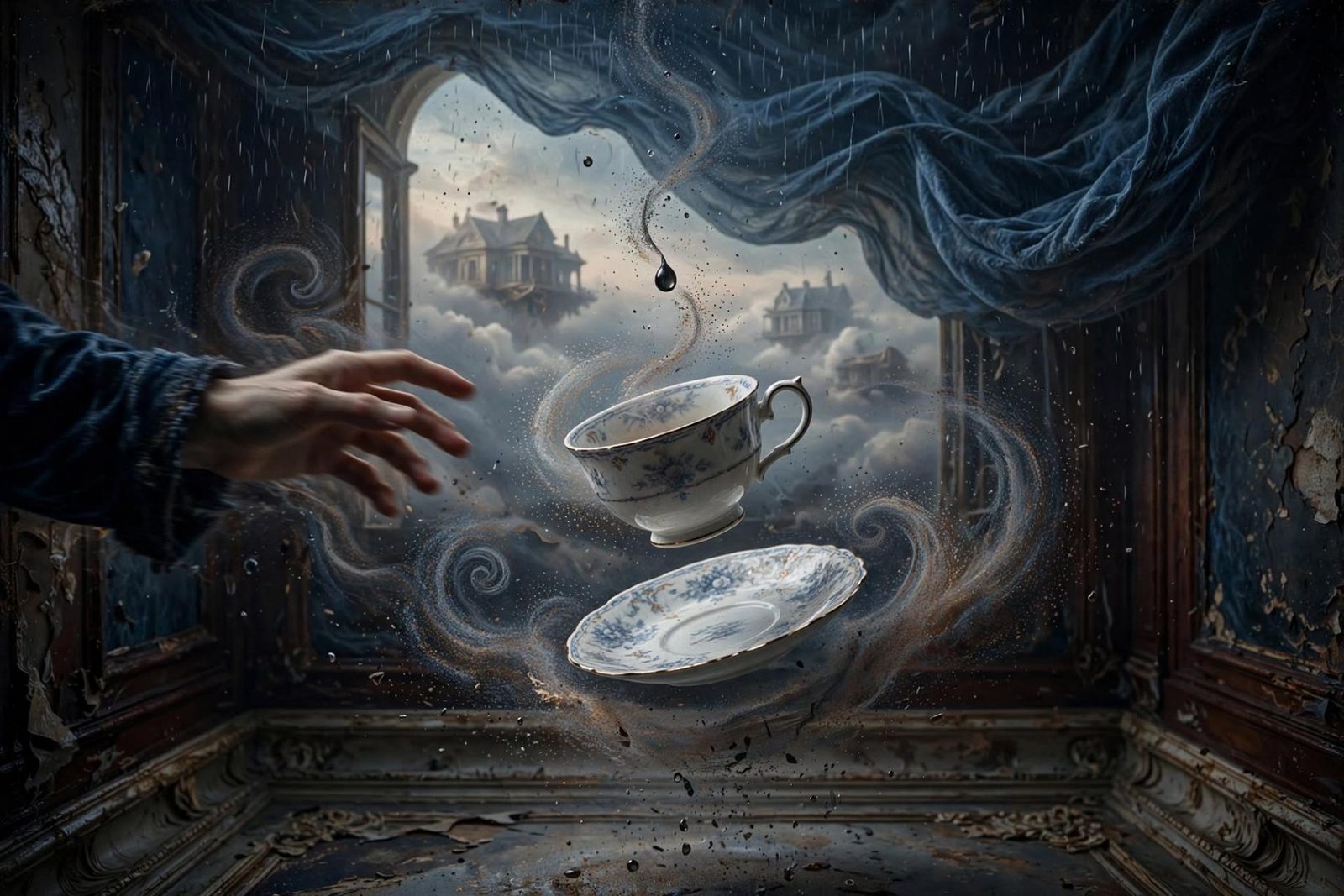 A hand letting go of a cup and saucer that do not fall, a house drifting beyond.