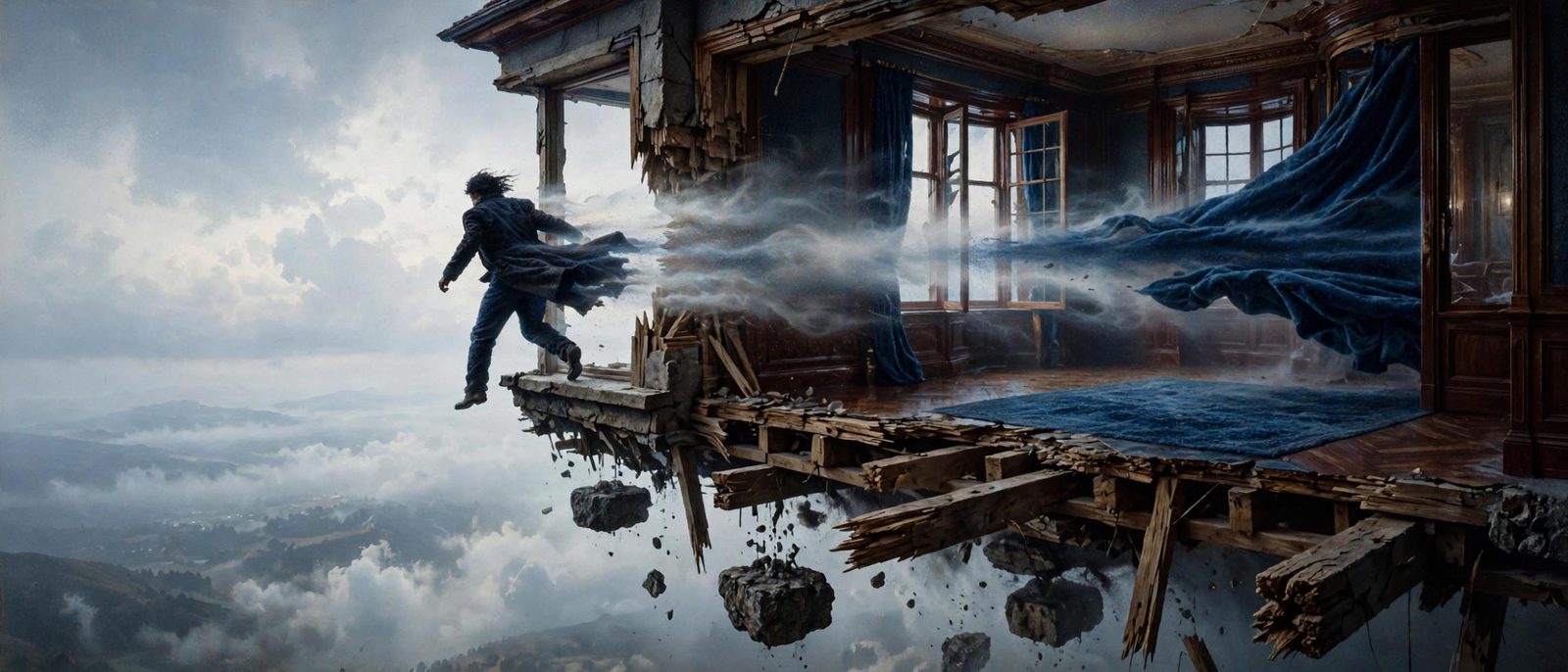 A man running off a floor that is coming apart over open sky.