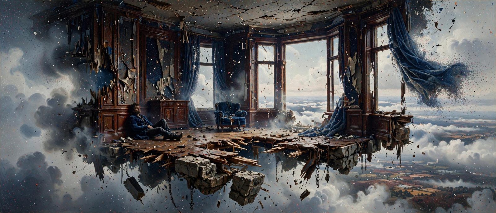 A half-destroyed drawing room, clouds where the floor used to continue.