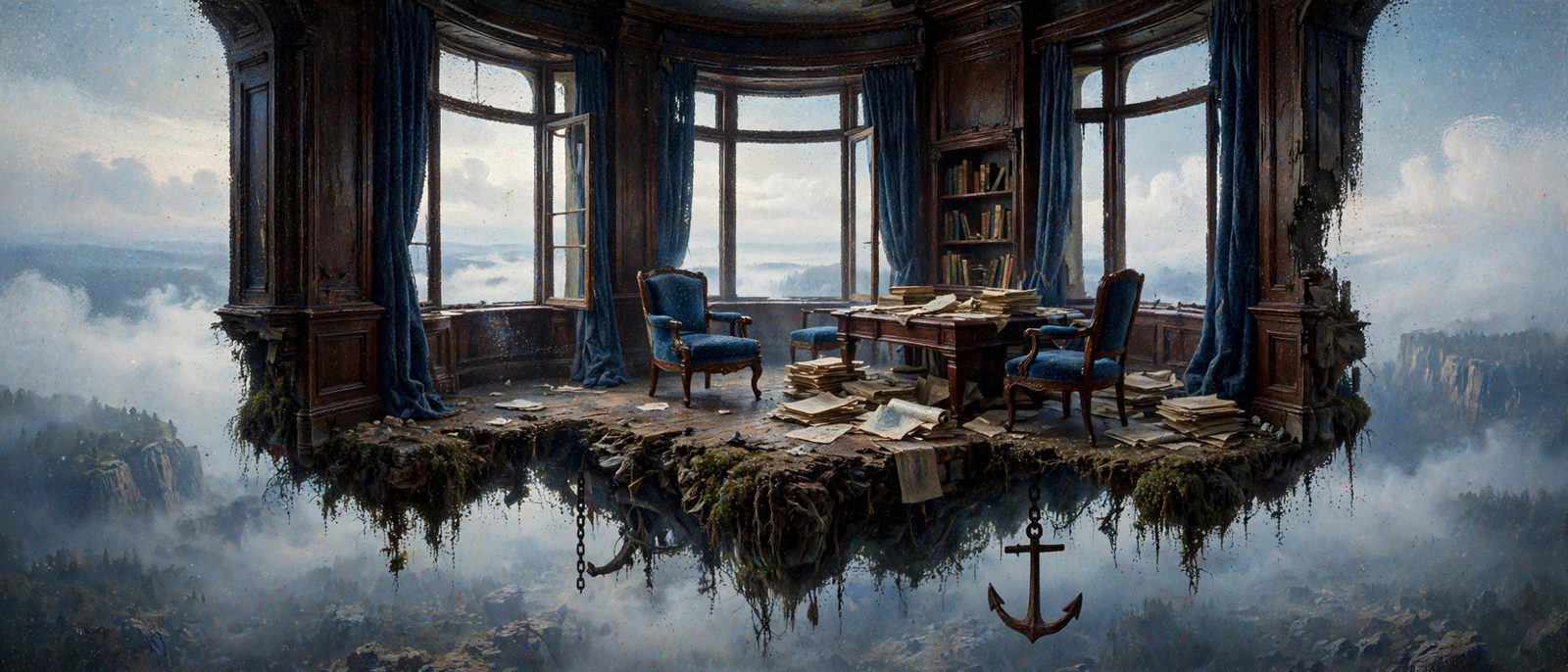 A study suspended over cloud, an anchor hanging where a garden would be.