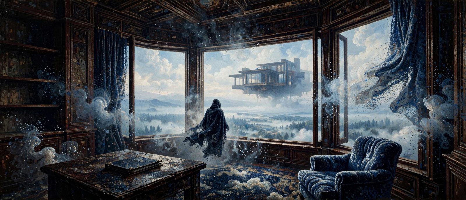 A figure in a classical room, watching a modern building adrift outside.