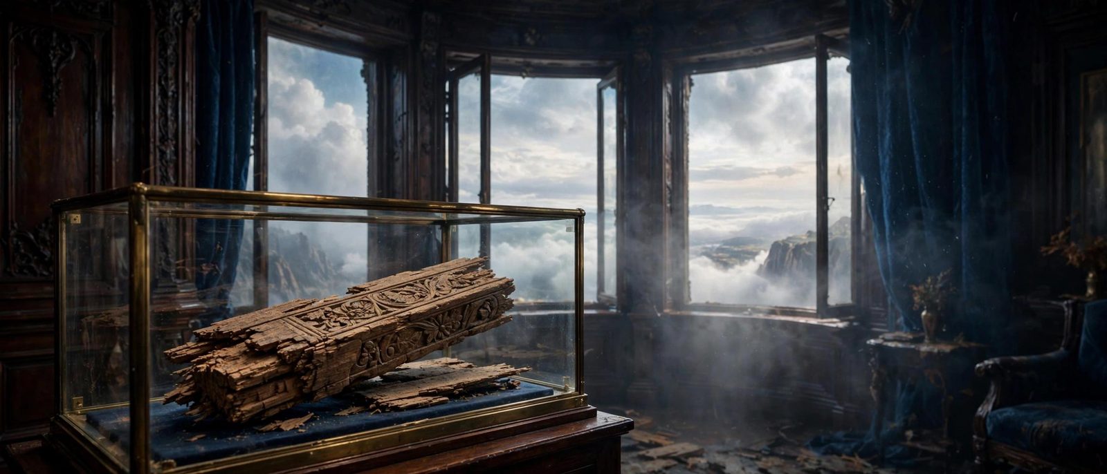 A carved wooden fragment kept in a glass case inside the floating room.