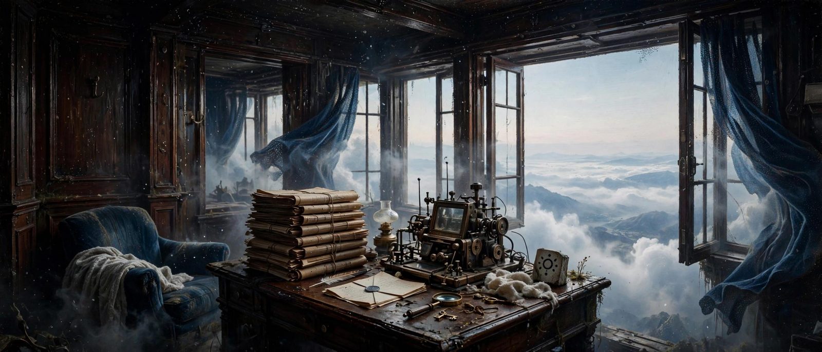 A desk, papers, and a radio, with mountains far below the window.