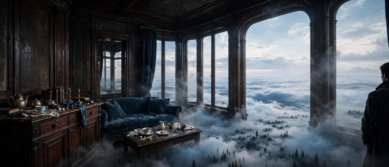 A furnished room above a sea of cloud, tea set on the table, a figure at the window.