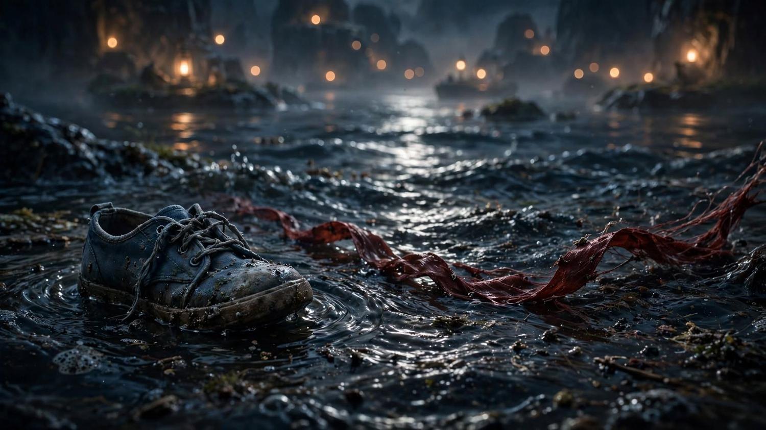 A child's wet shoe and a red ribbon in the water, the islands only lights behind them.