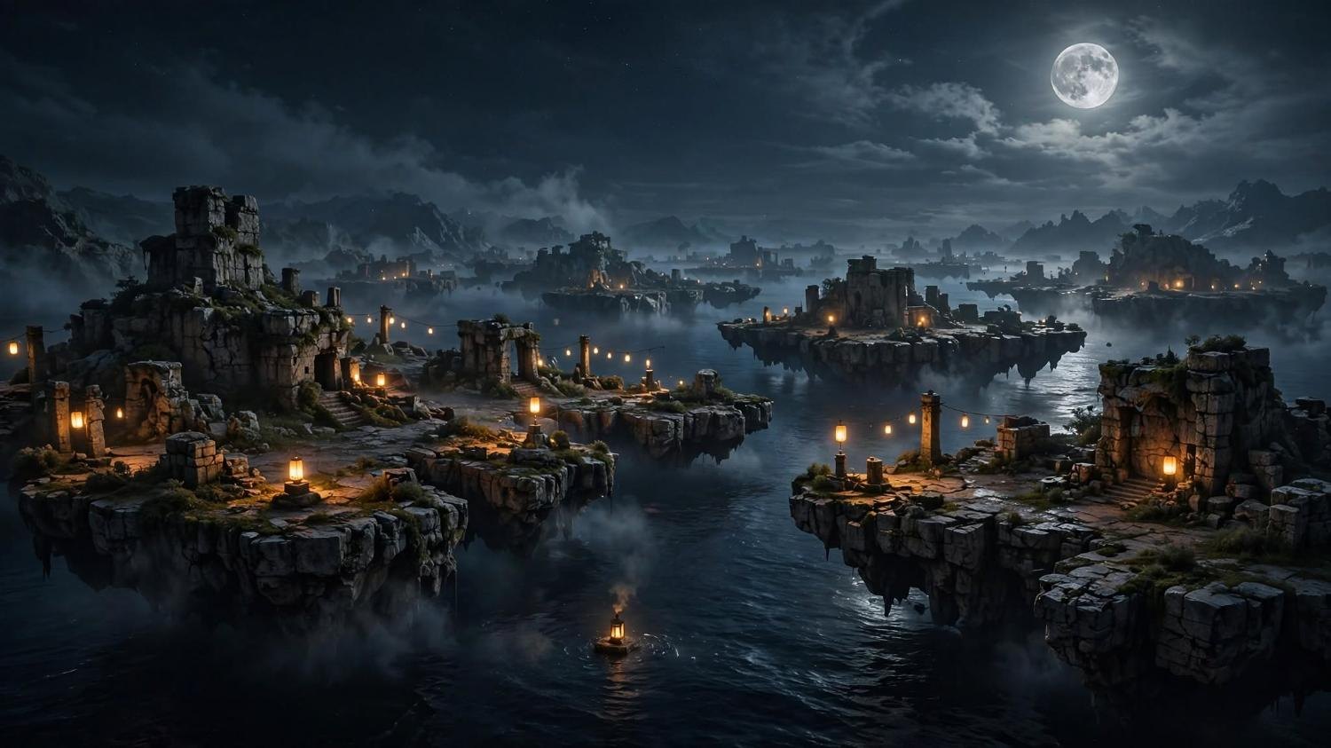 Lantern-islands on night water under a full moon, one small light still on the water.