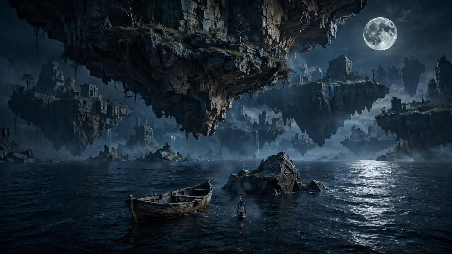 An empty boat, a lantern still burning, and a cut stone under the moon.