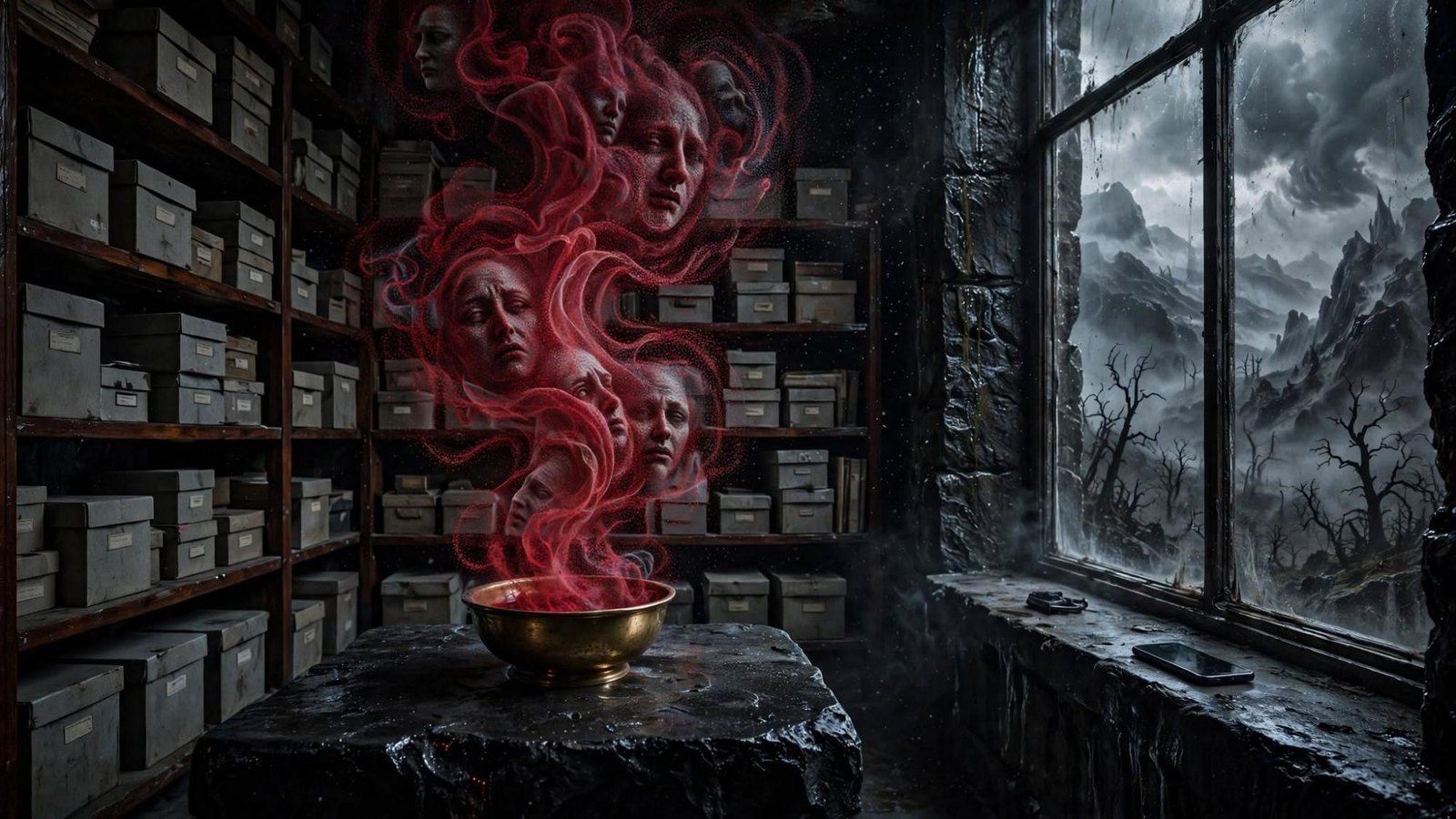 Faces rising in red from a brass bowl, kept in a dark archive while a storm stands at the window.