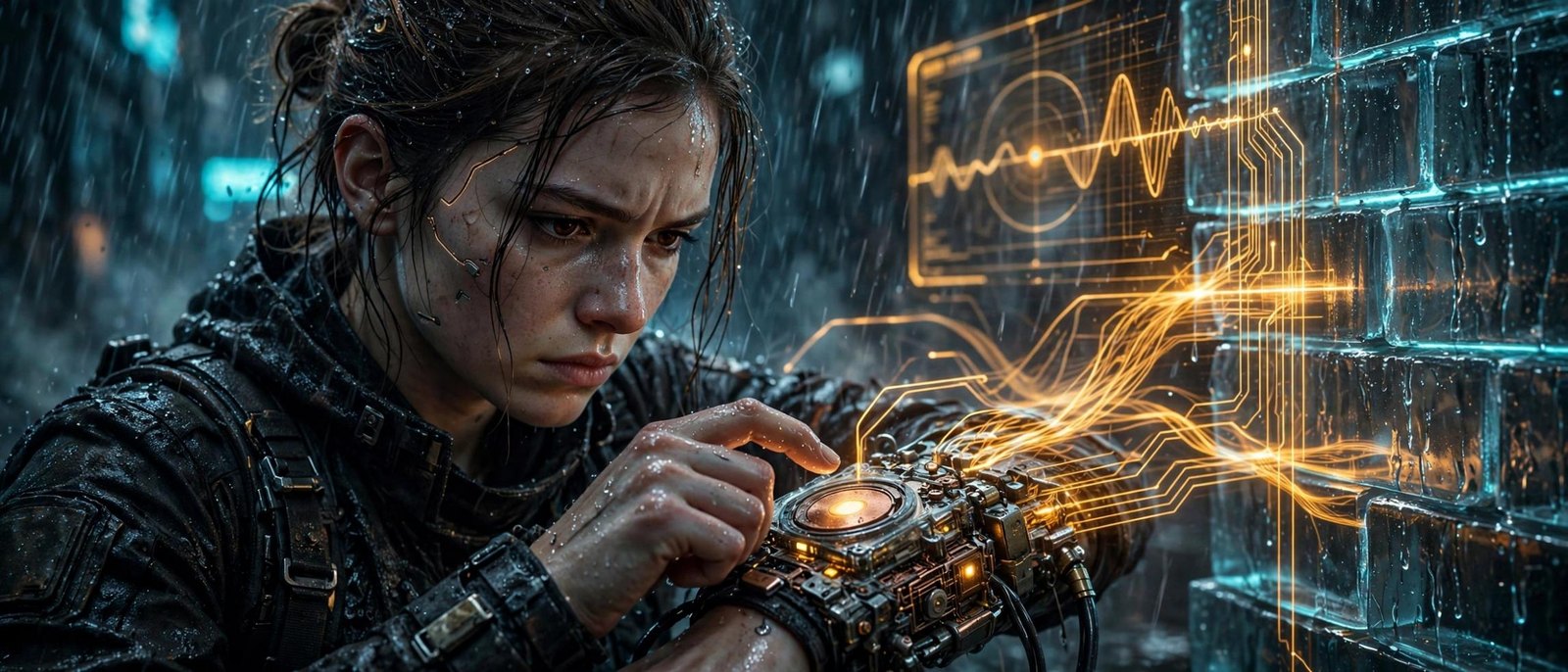 Hands in the rain, orange wire, a dream being edited.