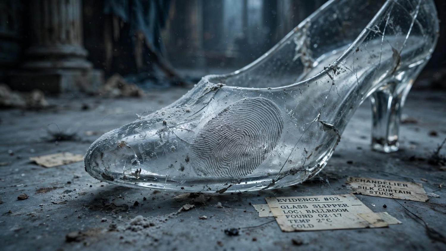The slipper close. A fingerprint in the dust. A card that reads two degrees, cold.