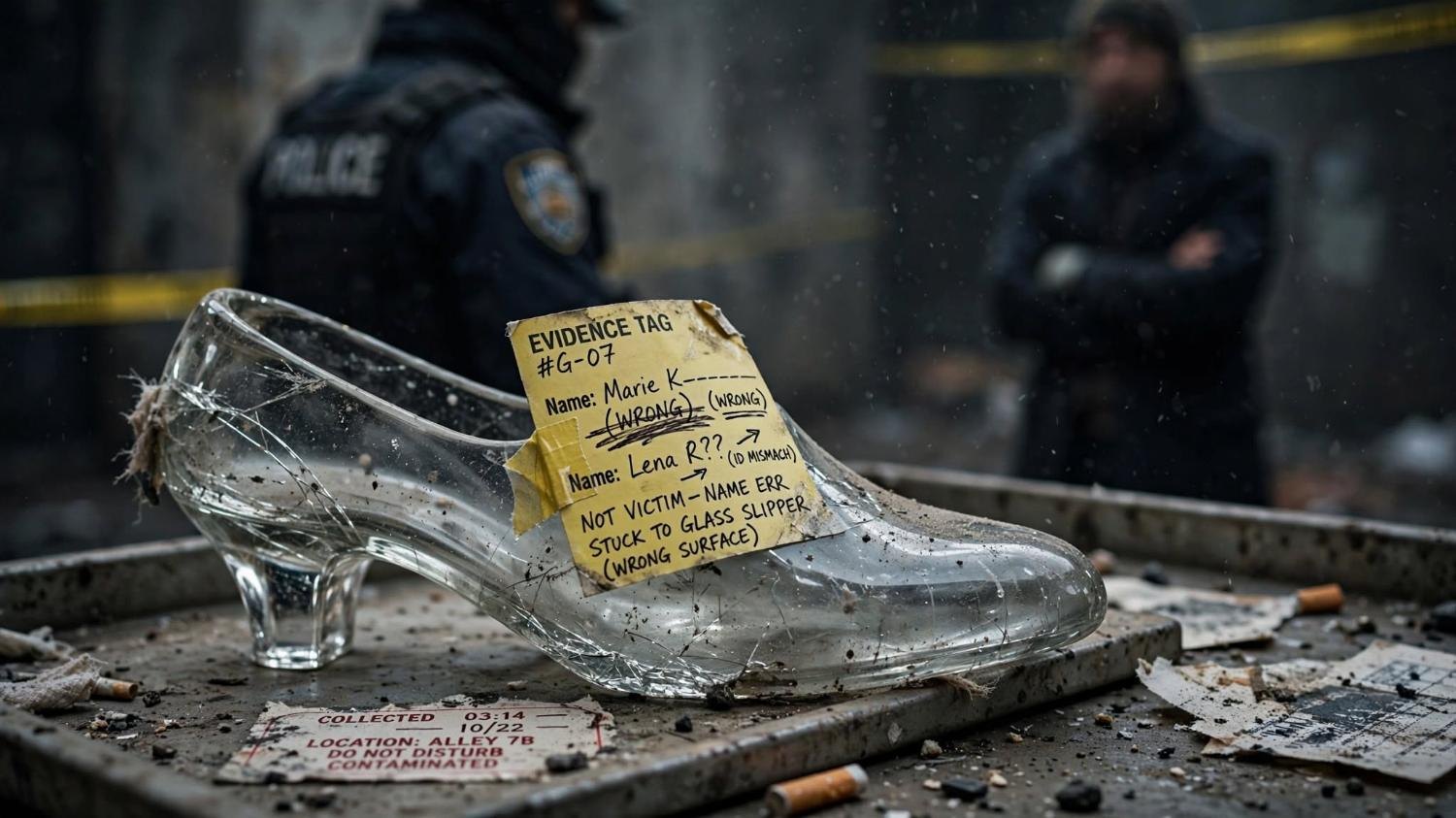 A yellow evidence tag on the heel. Two names crossed out. Two men out of focus.