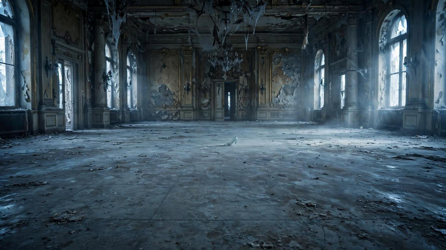 An empty ballroom. One glass slipper alone on the dusty marble.