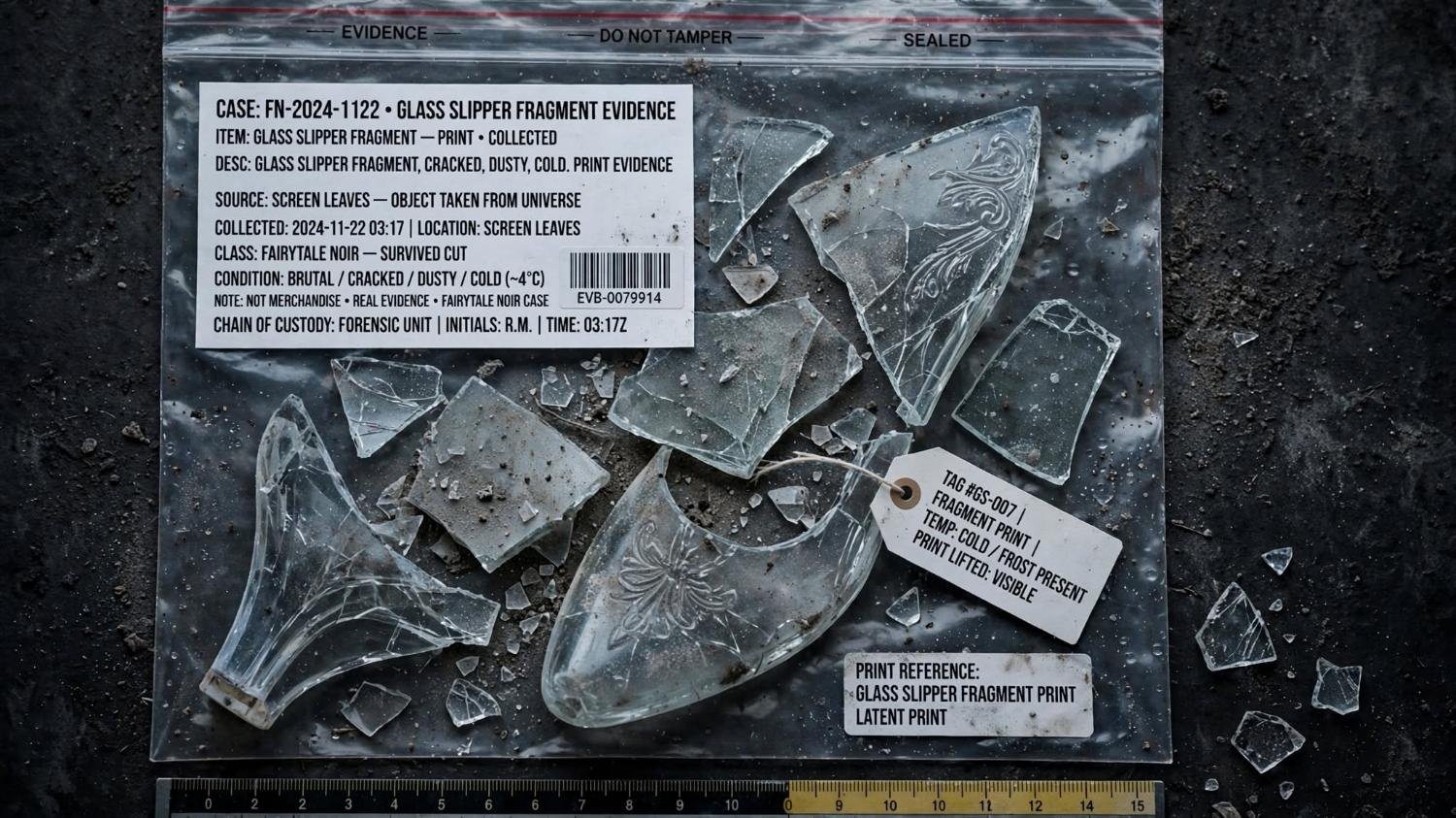 Fragments of the slipper sealed in a bag, the print still visible on the glass.
