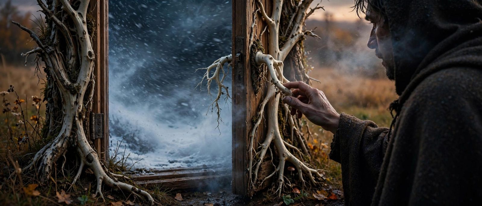 A hand on a doorframe grown from a tree, mist where a wall should be.
