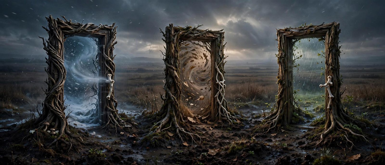 Three rooted doors standing in open weather, each holding a different dark.