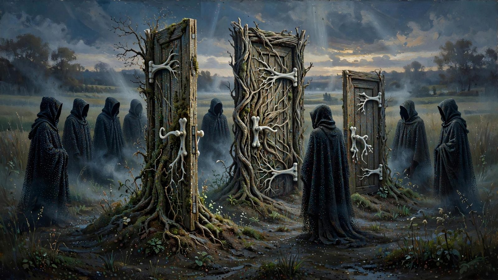 Hooded figures gathered at a row of doors, none of them entering together.