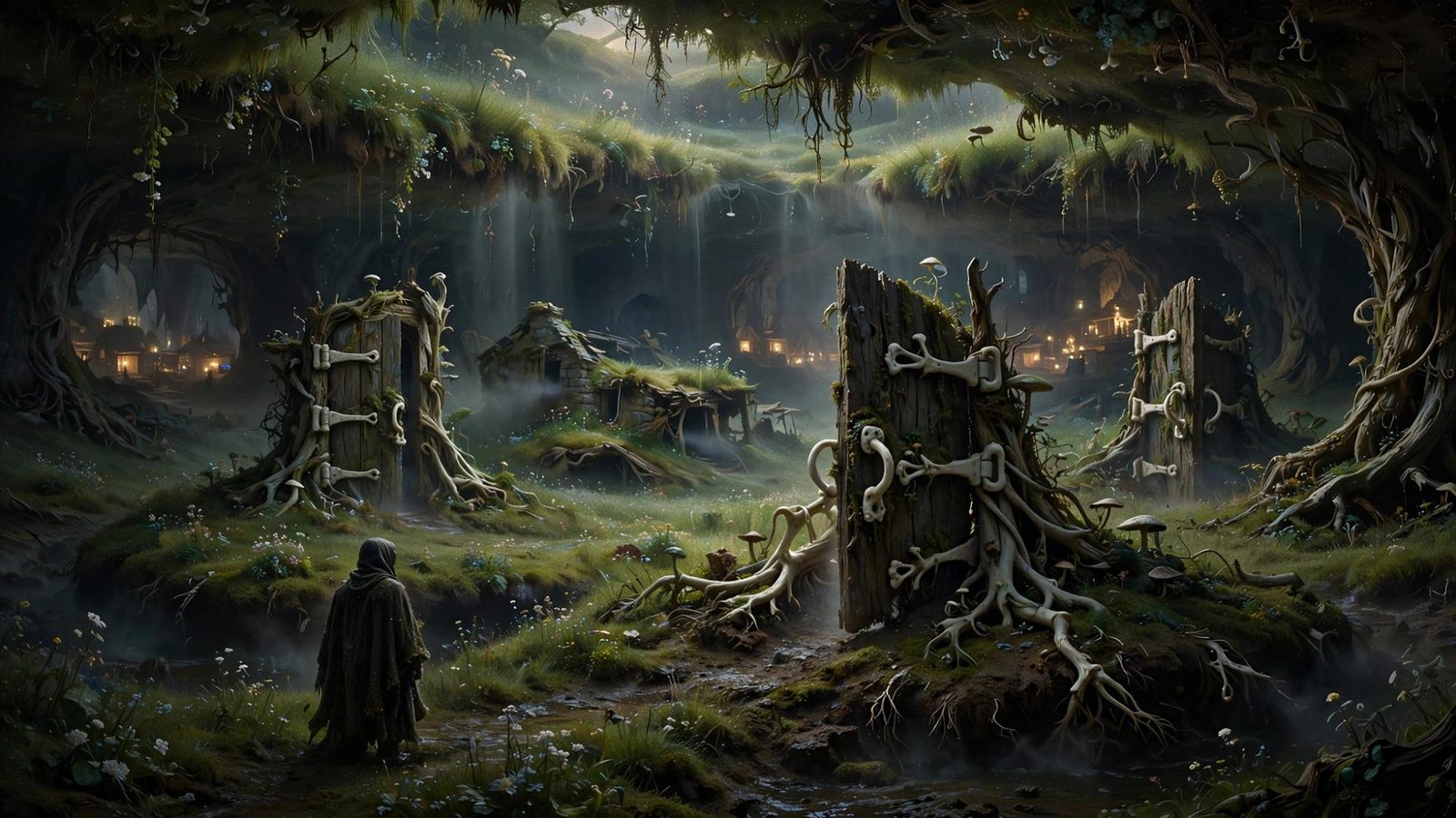 A small figure among forest doors, kept at the edge of the trees.