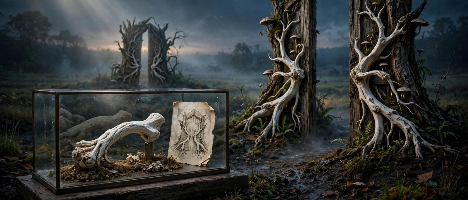 A bone and a drawing of a frame, kept under glass from a door with no house.