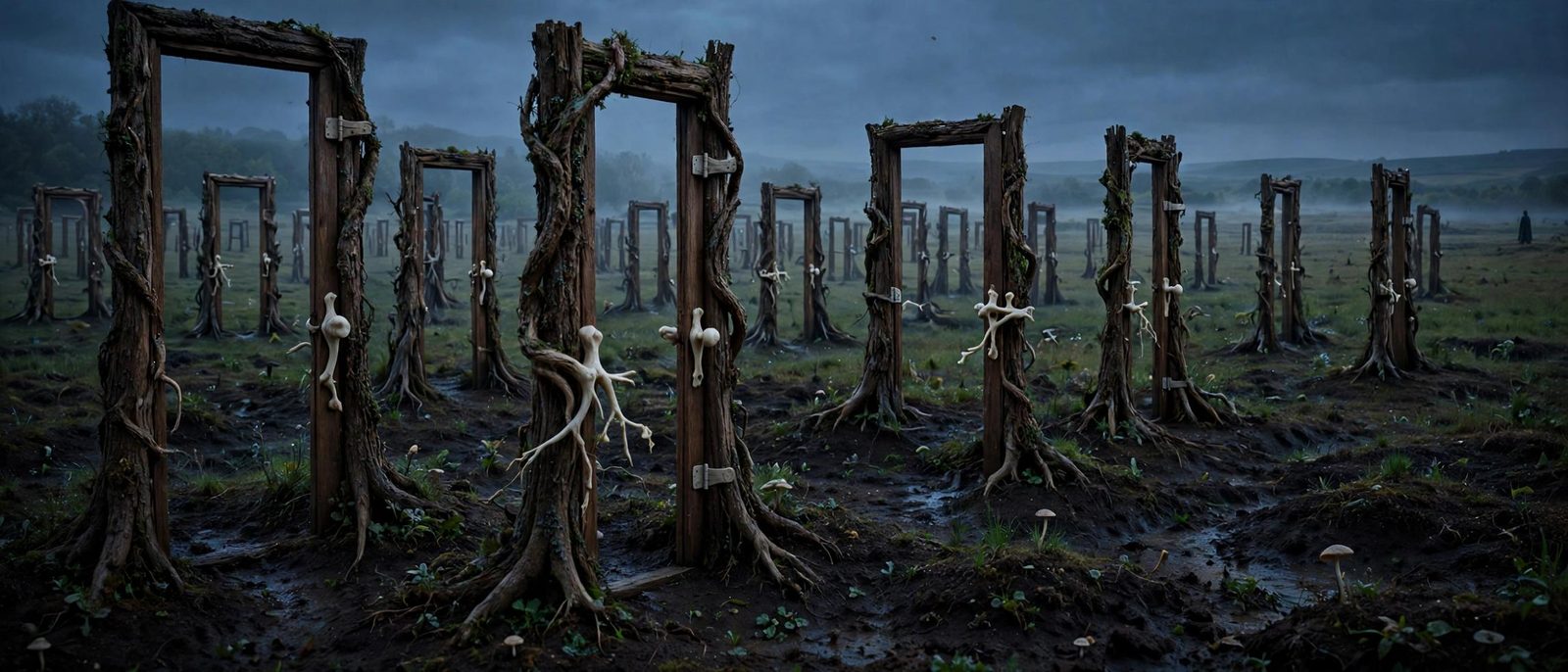 A meadow at the end of a path. One door, rooted, with no house behind it. A hand finds the wood.
