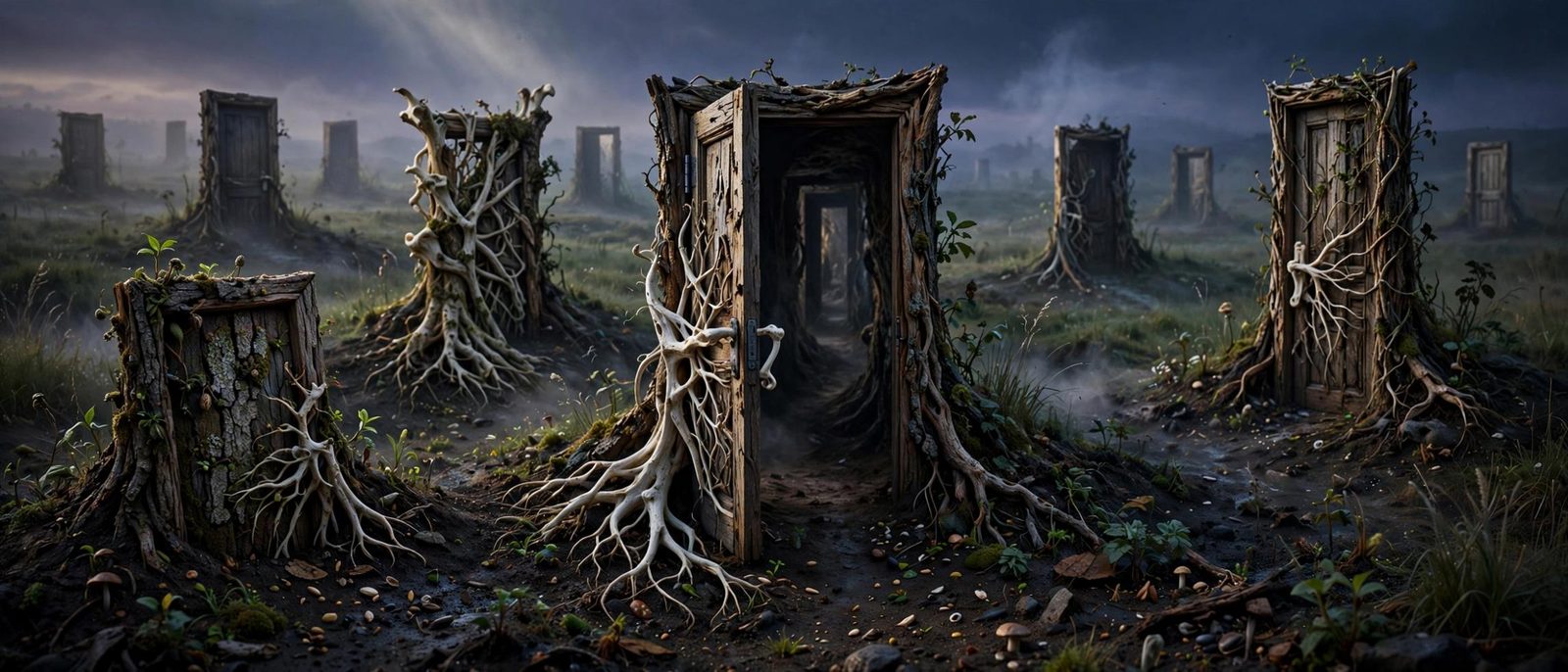Stone doorframes in a bare field, older than the grass around them.
