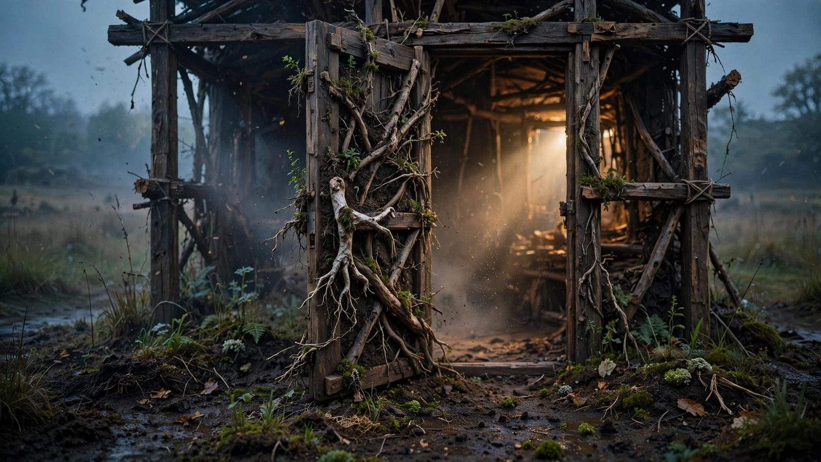 A shed-door with a light already on, roots holding the jamb.