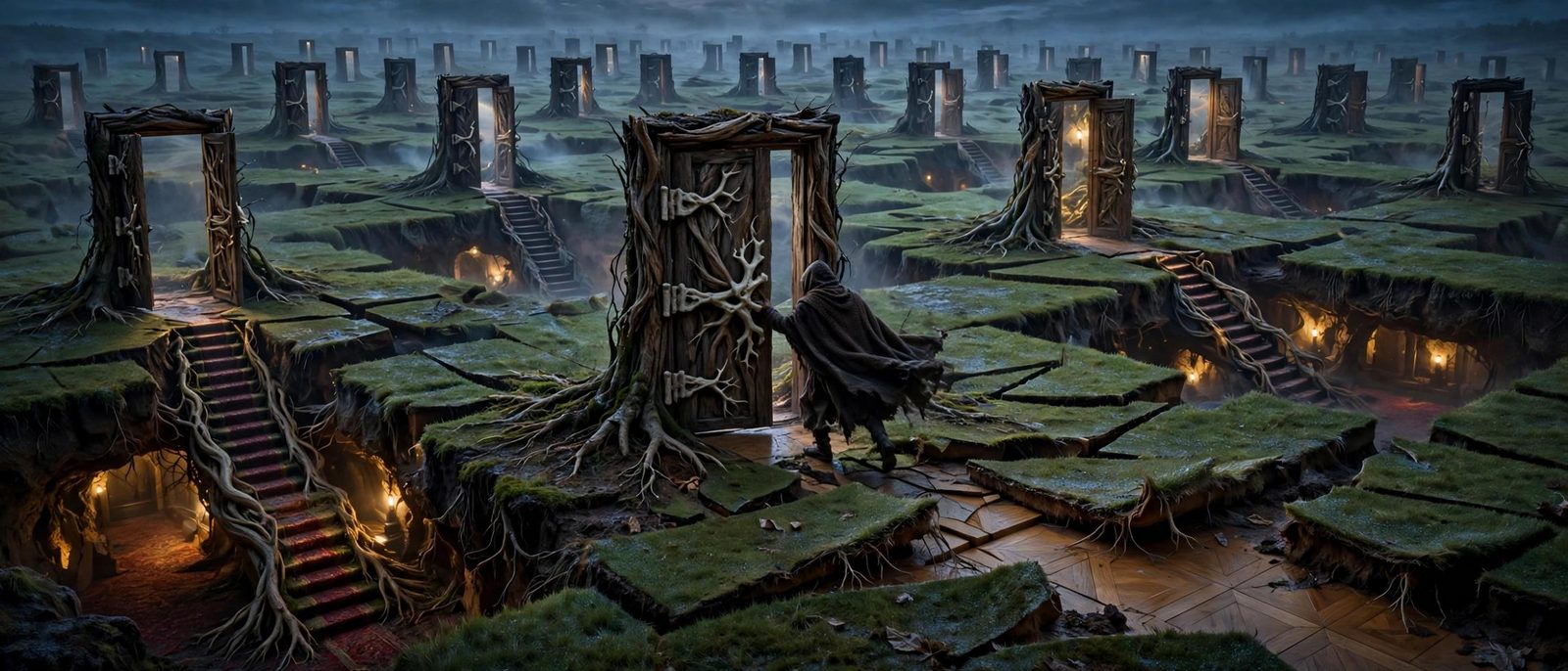 A field of rooted doors, stairs rising into rooms that have no houses.