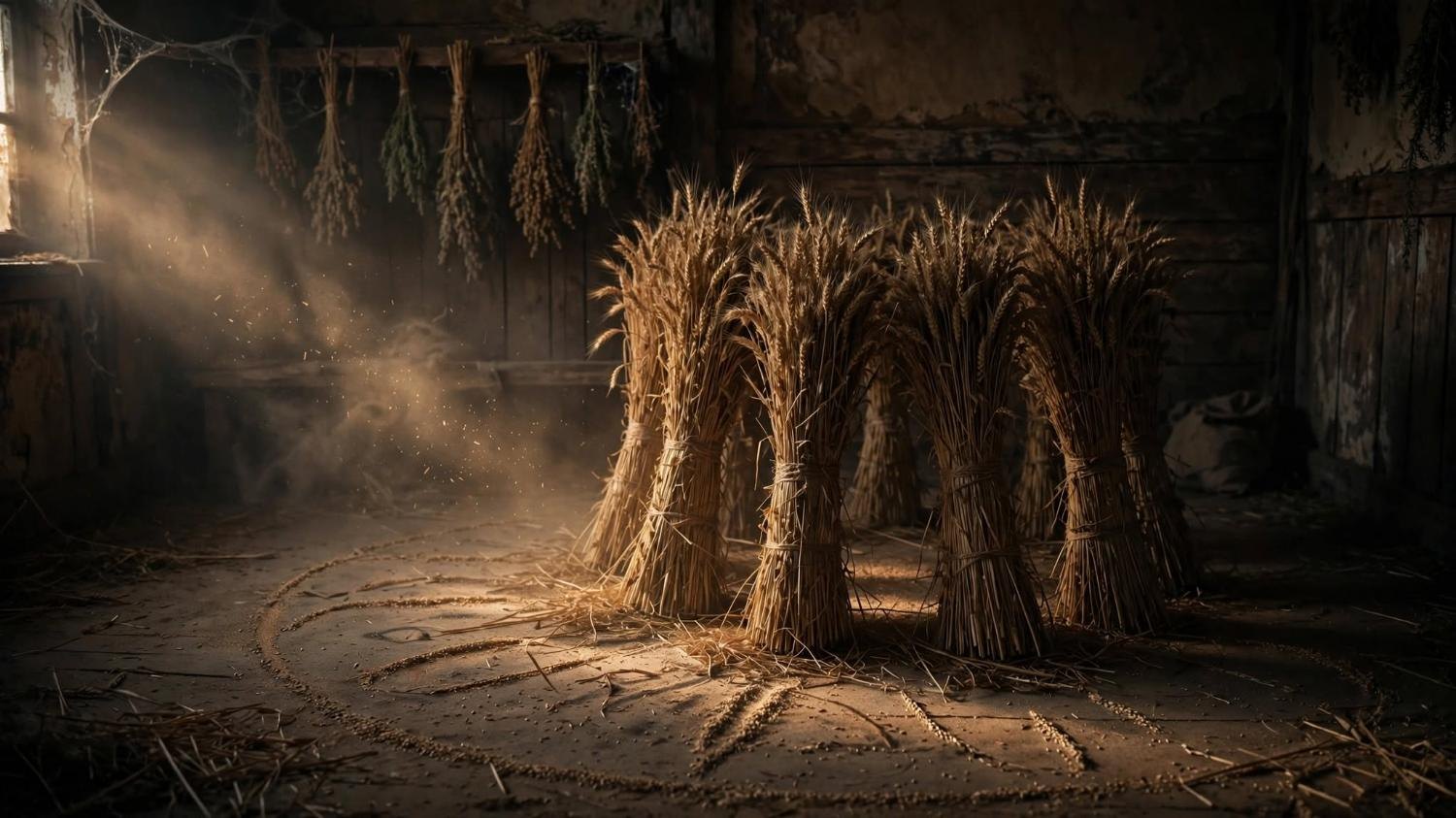 Sheaves standing in a circle inside a dark barn. Nobody is holding them.