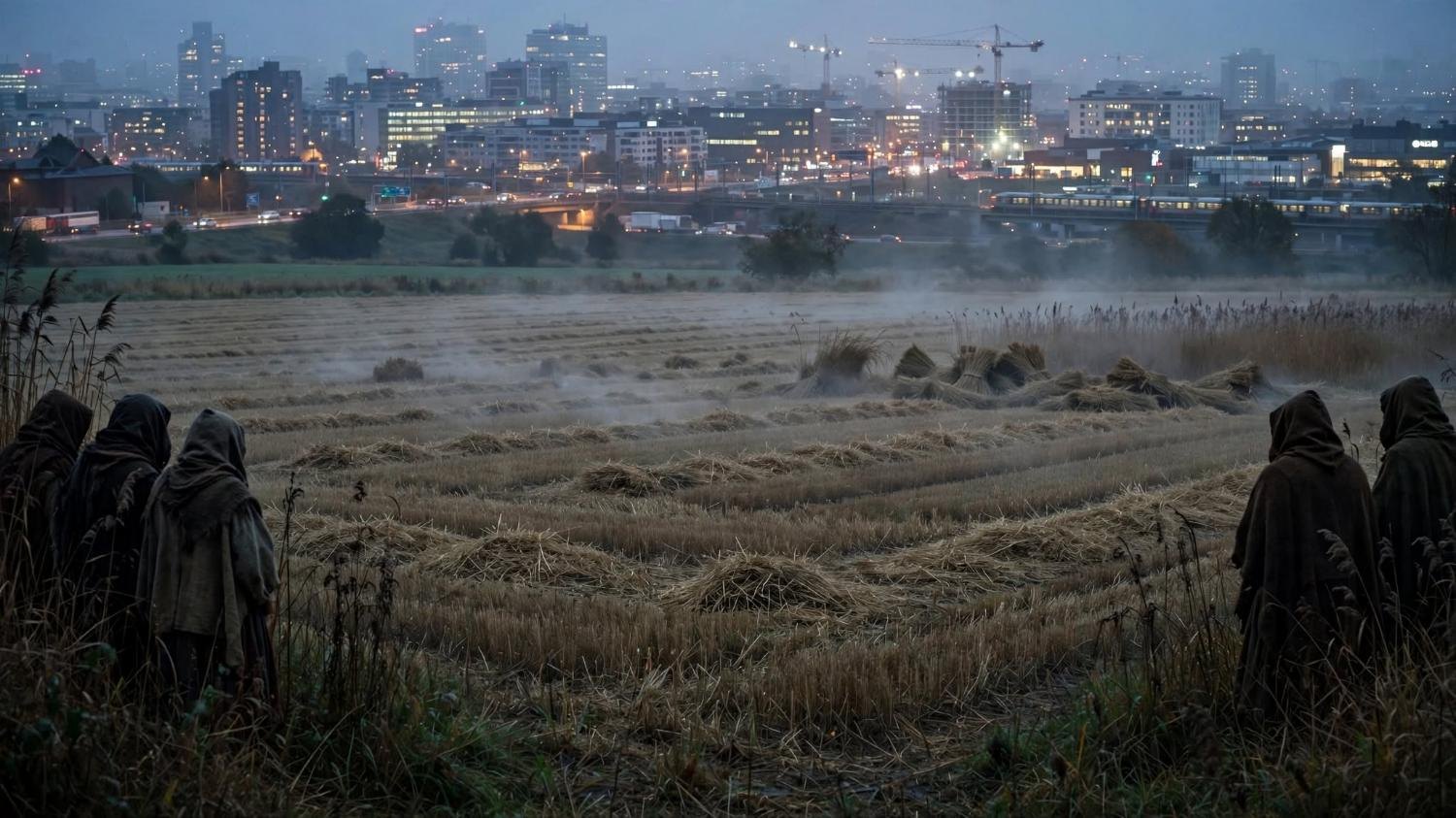 Hooded figures at the edge of the field, the city working behind them.