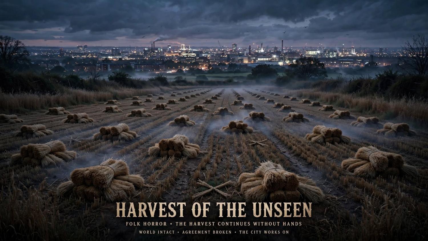 Sheaves in rows and a city still lit beyond the hill. No cutter in the field.