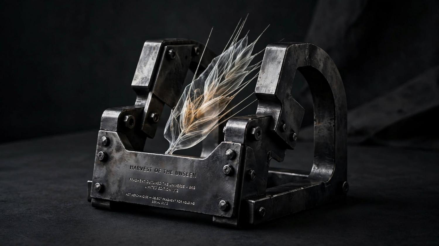 Blackened steel holding one ear of wheat, one of twelve.