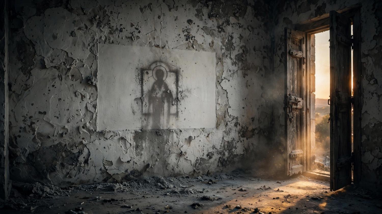 A blank icon. Only the soot shadow of a saint remains on the plaster.