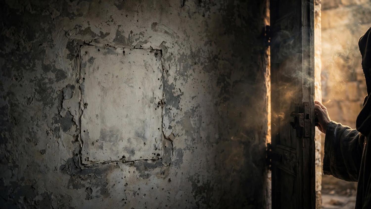 A hooded hand on the door. The rectangle on the wall is empty.