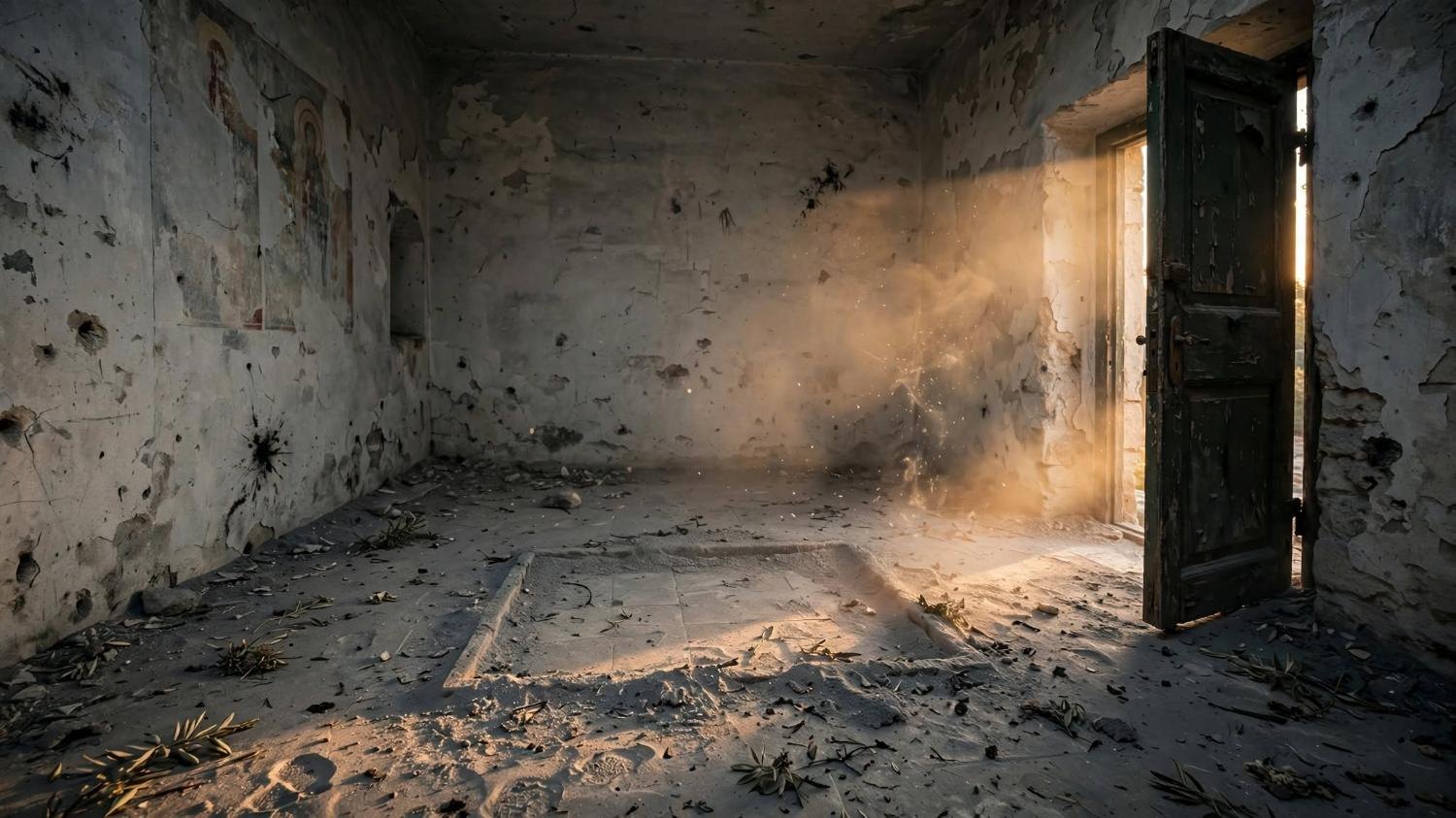 An empty plaster room. Late light, dust, and a worn rectangle in the floor.