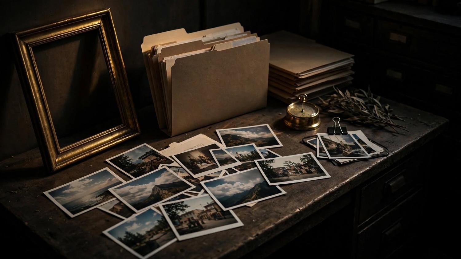 A desk in a dim archive, papers waiting and no one seated.