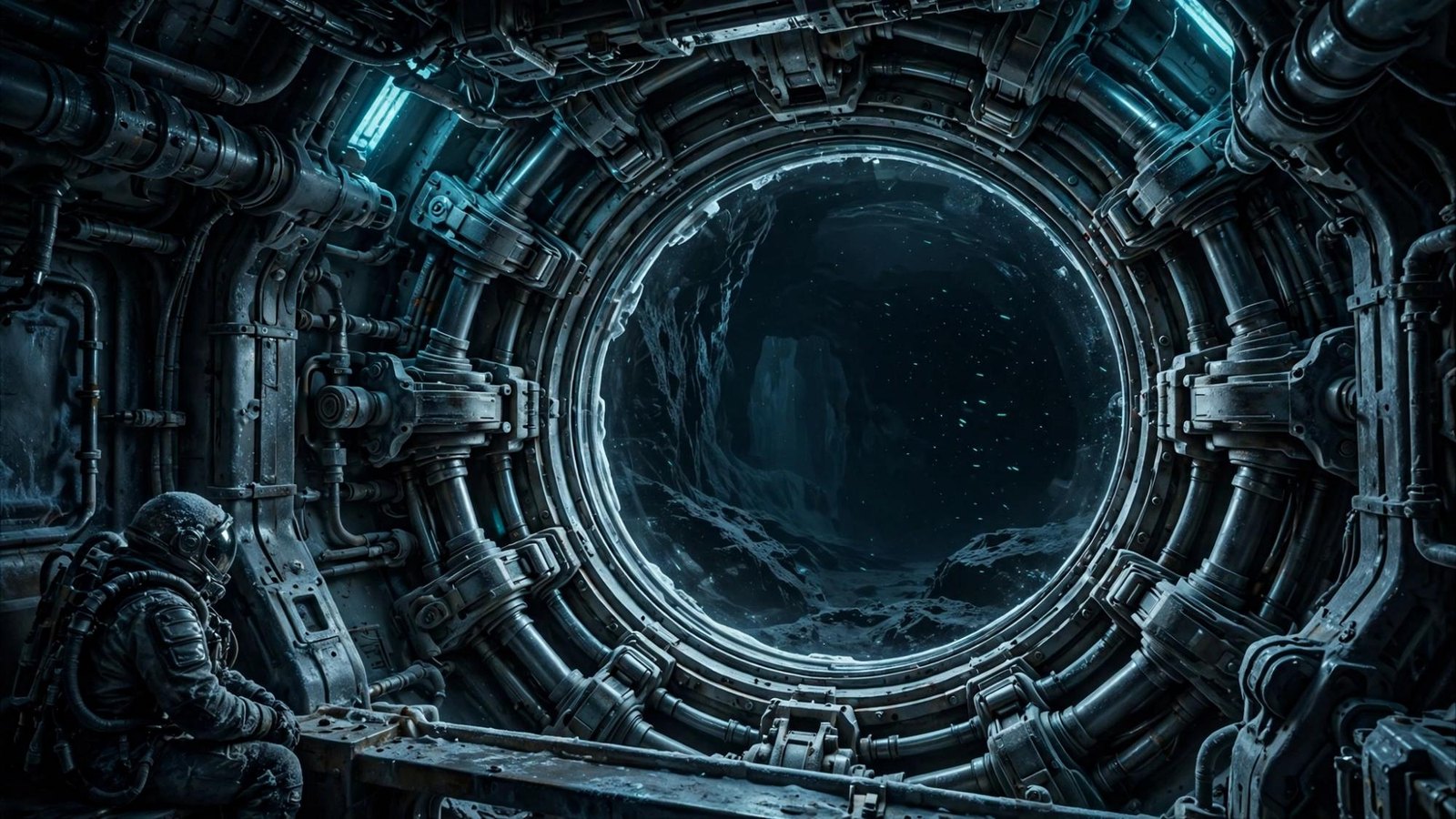 The station's largest window. Beyond the glass the ice does not return a horizon.