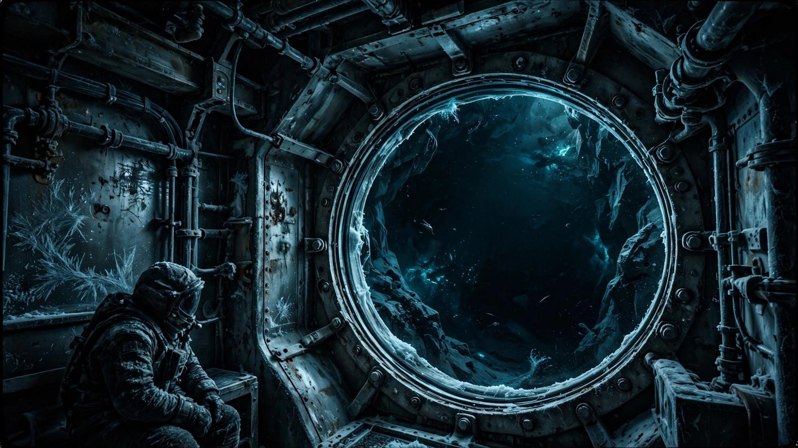 A figure seated by a porthole. The dark outside is the body of ice.