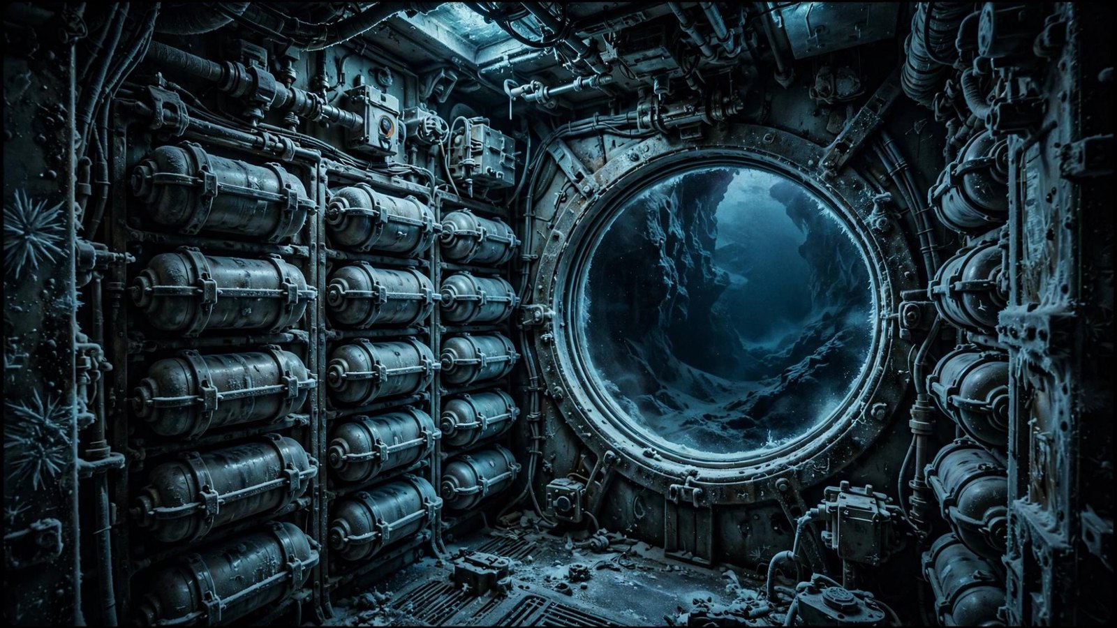 A corridor of cylinders, one window left onto the dark.