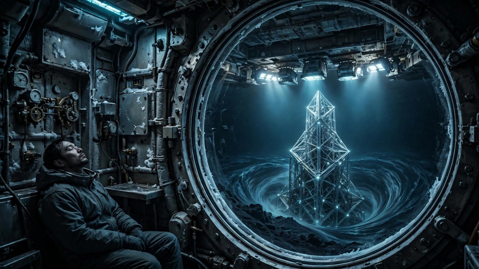 A round window onto a dark depth, a pale crystal hanging in it.