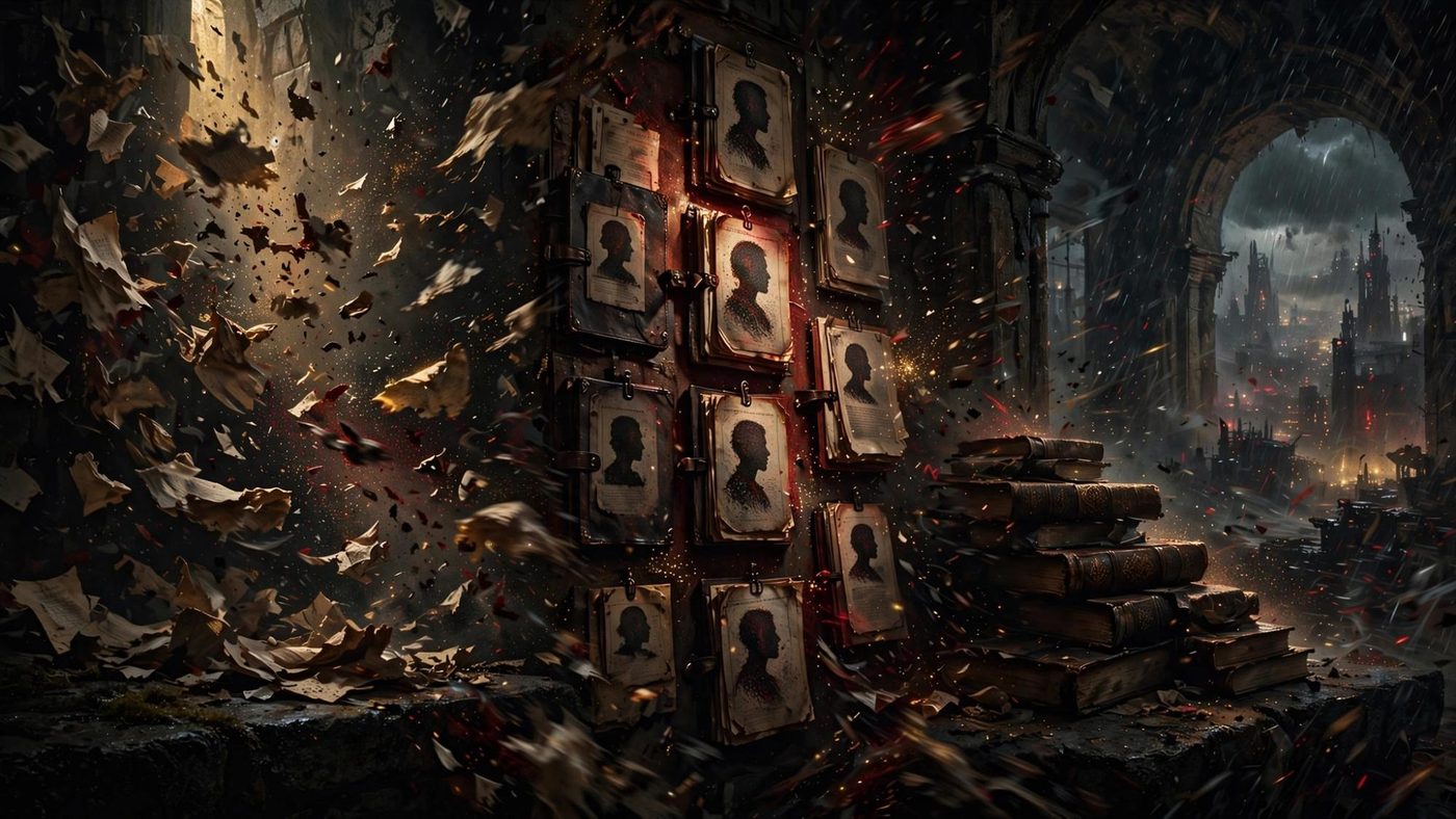 Dossiers filed on the wall, faces kept as paper.