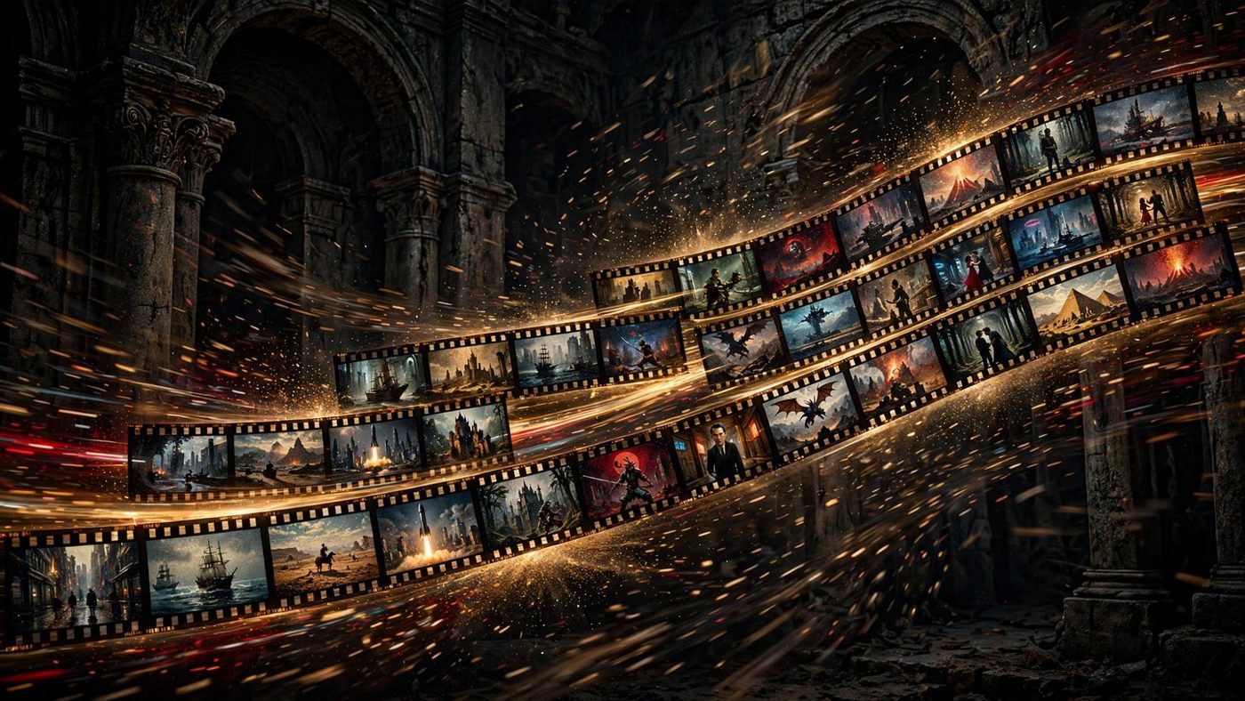 A strip of chapters running through the ruin, each frame its own room.