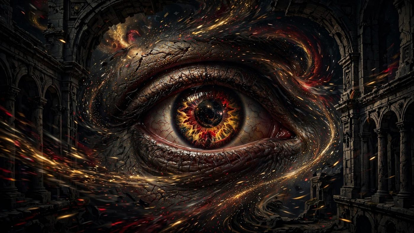 An eye that does not close, held in the ruin.