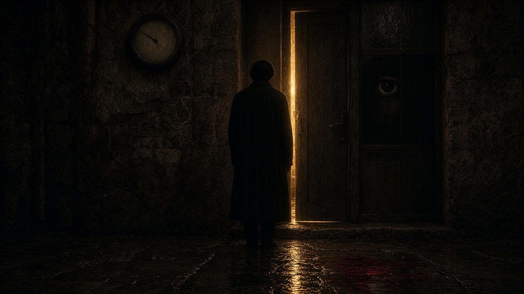 Fate in the glass. One eye, a stopped clock, a single gold door.
