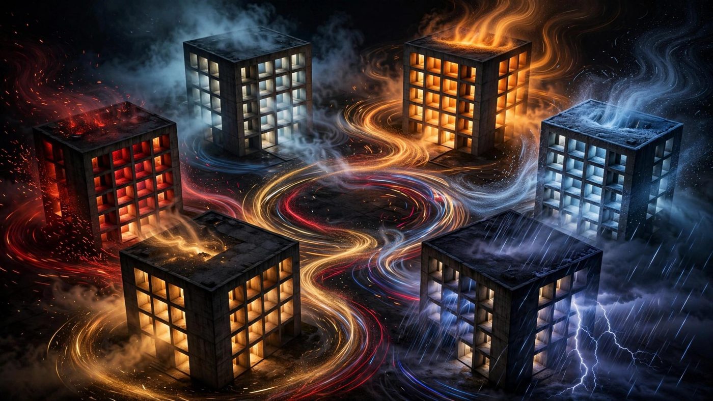 Six houses, each holding a different weather.