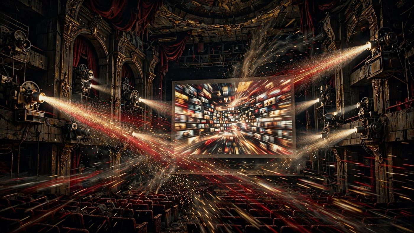 A cinema in one breath, projectors aimed at a single screen.
