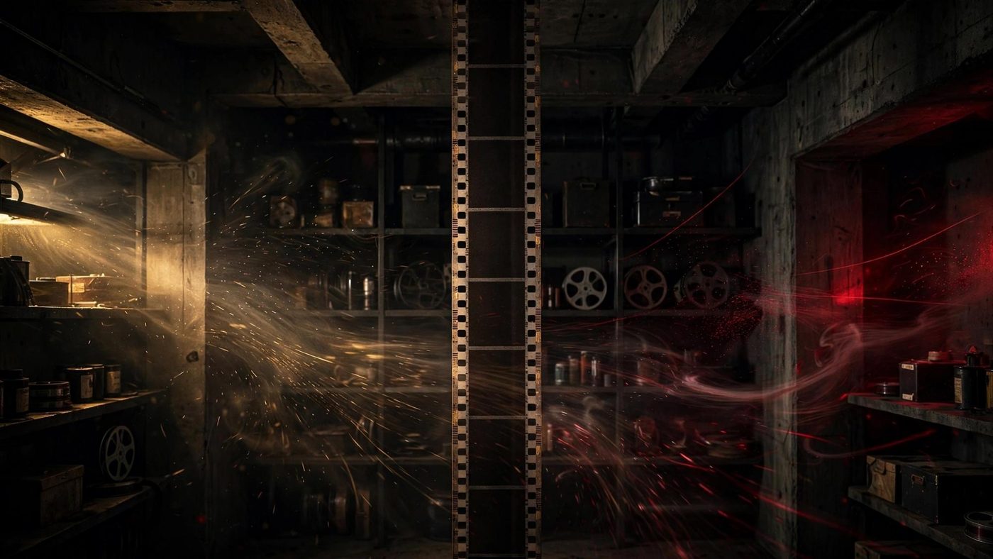 A strip of film standing at full height in the archive.