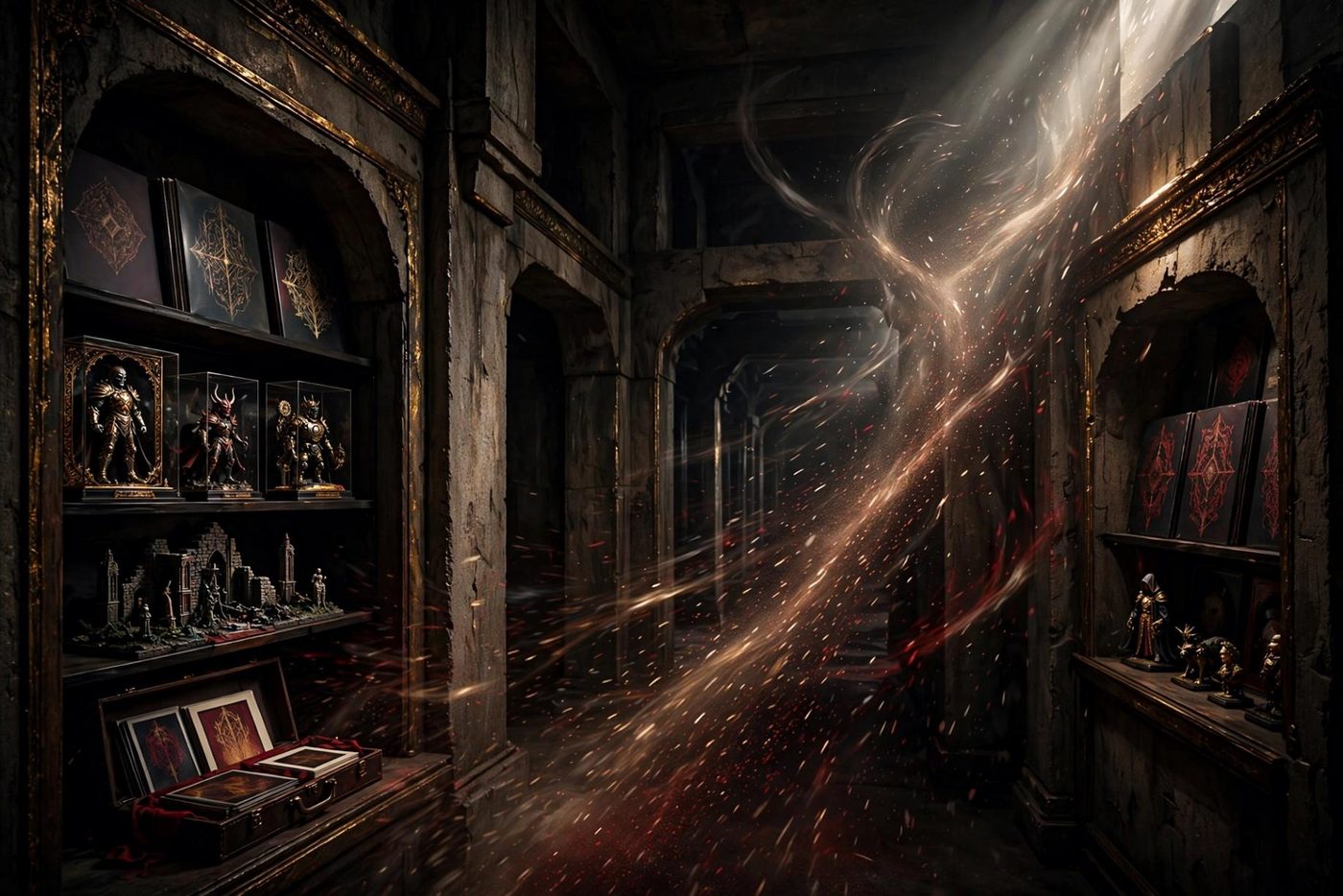 Figures and books kept under glass, ready to leave the screen.