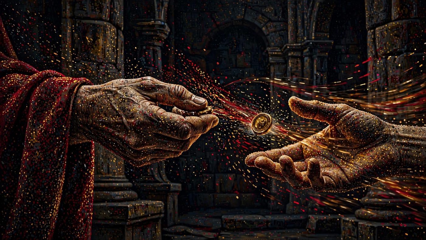 An object passing from one hand into another.