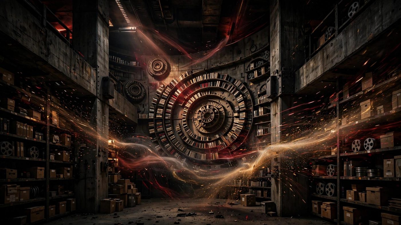 The sonic archive: reels, boxes, and a spiral of kept books.
