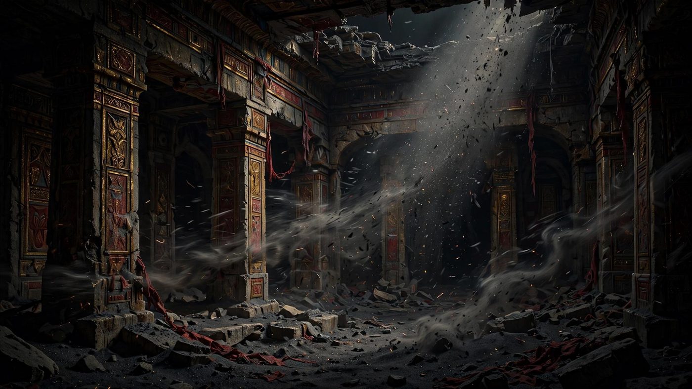 The hall after the picture ends, dust and light still in the room.