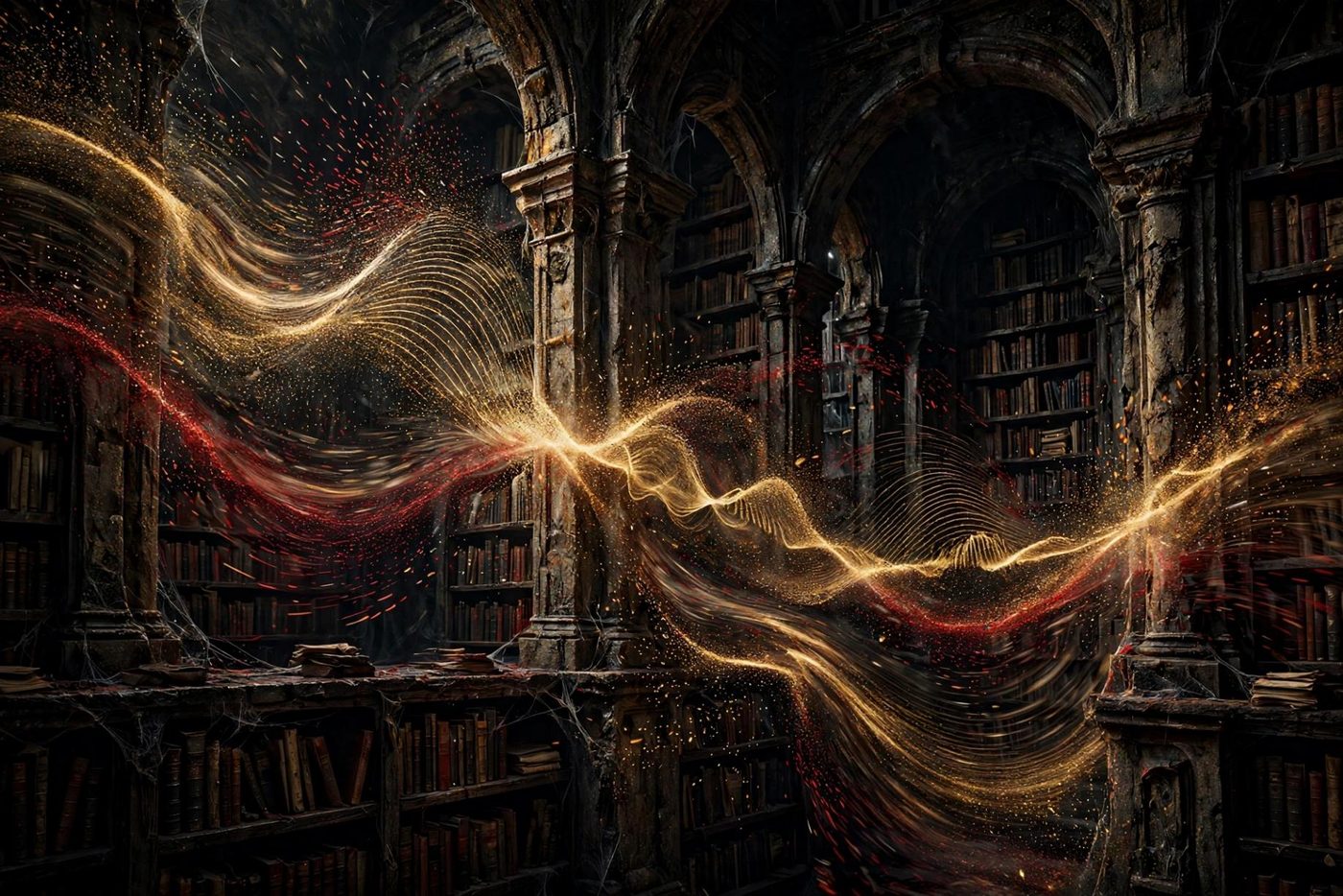 Gold and crimson frequencies moving through a silent library.